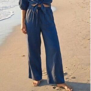 Sea Lustre Navy Blue 100% Linen Wide Leg Pants Elastic Waist M/L Handmade